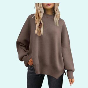 Women's Oversized Batwing Sweater Crewneck Knit Side Slit Nutmeg size Large